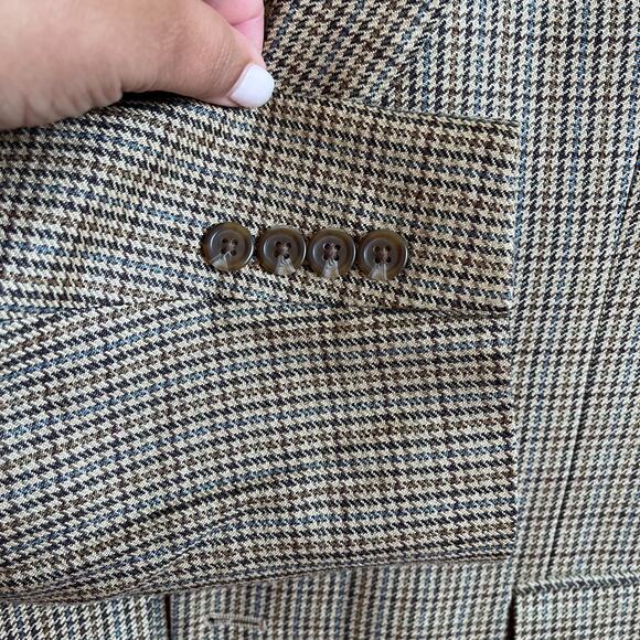 Ralph Lauren Chaps Silk Mens Blazer Size 42R Brown Houndstooth Sport Coat Jacket - Picture 5 of 8